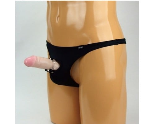 Men's Two-Way Stretchy Thong with Bumpy Cock Ring Black